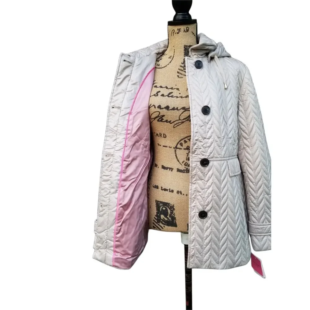 Kate Spade Quilted Moto Jacket Size XL Tan Hooded Coat Water Resistant New
